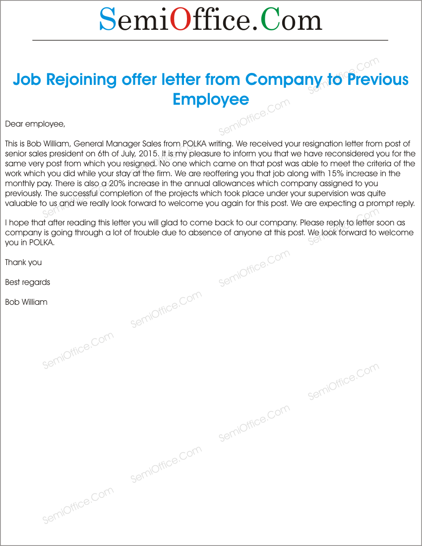 Sample Job Rejoining offer letter of Old Employee