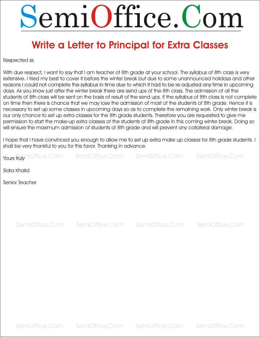 Letter To Principal Requesting For Extra Classes