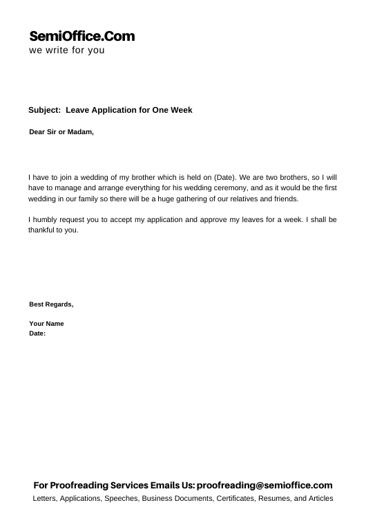 application letter for one week leave