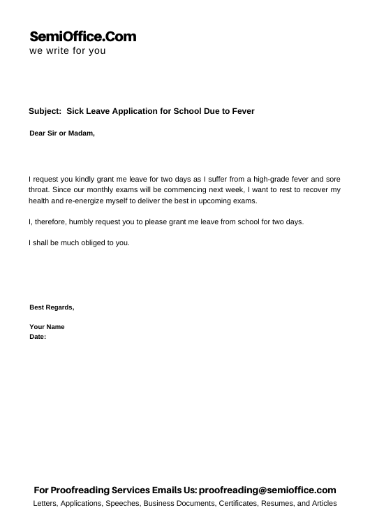 leave application letter for school due to fever in bengali