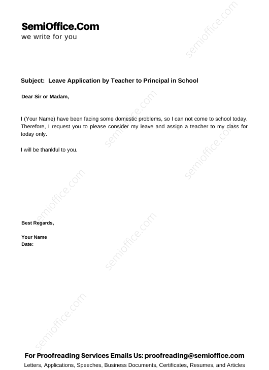 Leave Application By Teacher To Principal In School SemiOffice Com