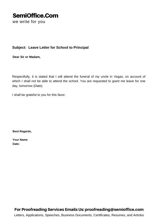 Leave Letter for School by Students or Staff Members | SemiOffice.Com