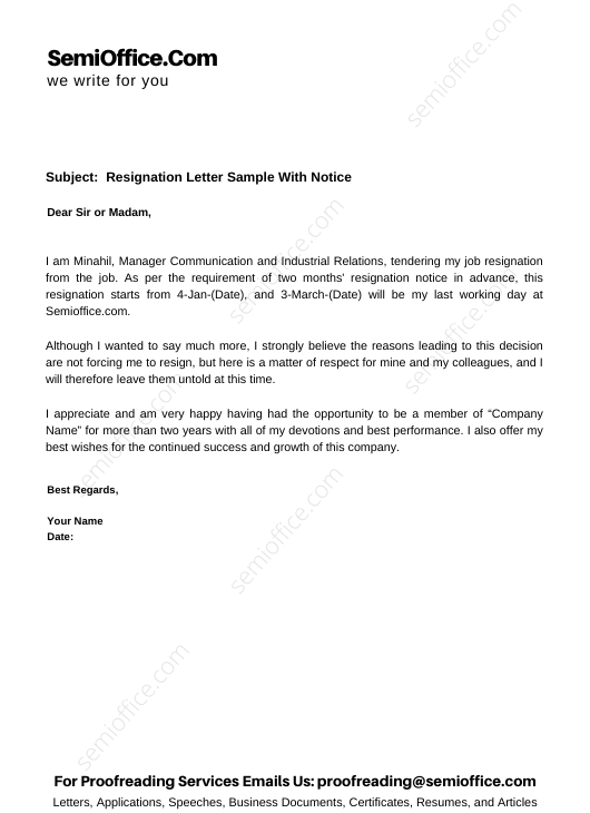 Resignation Letter With Notice For Employees SemiOffice Com