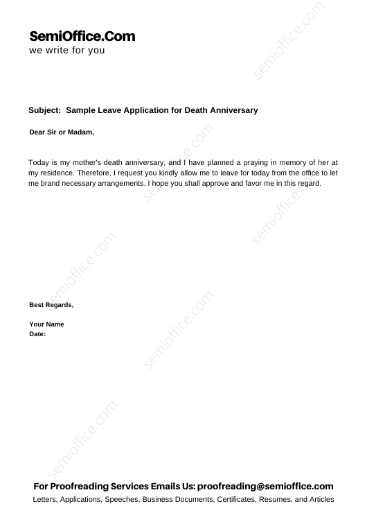 Sample Leave Application For Death Anniversary | SemiOffice.Com