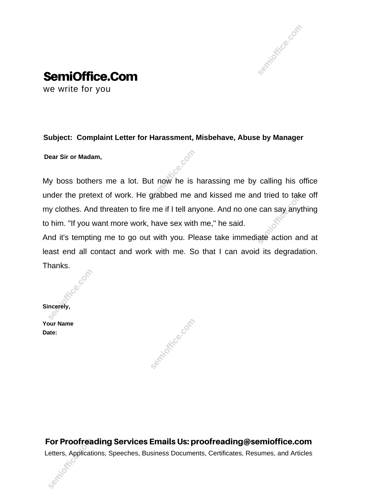 Sample Complaint Letter Against Boss