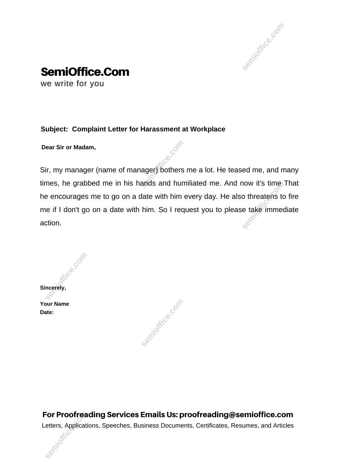 Sample Letter Reporting Harassment At Work Semiofficecom 8645
