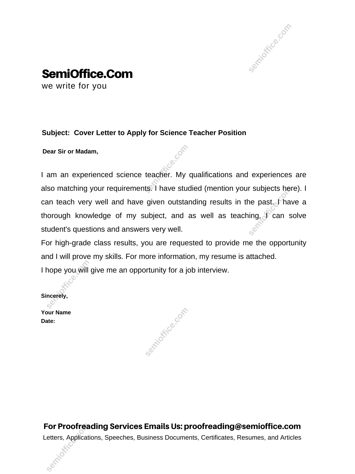 application letter for the post of a science teacher