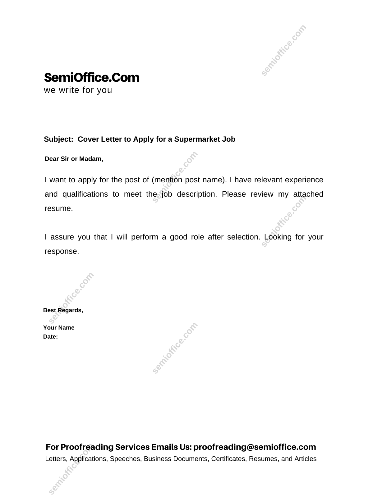 sample cover letter for supermarket attendant