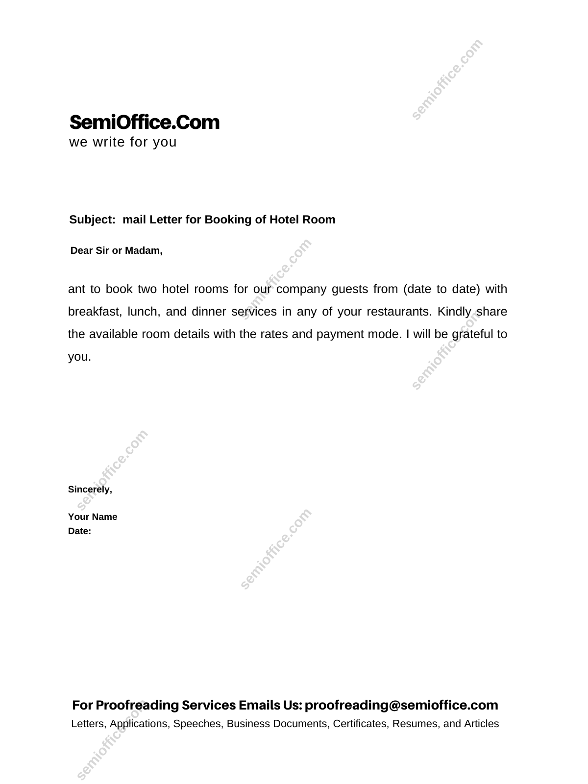 application letter for booking hotel