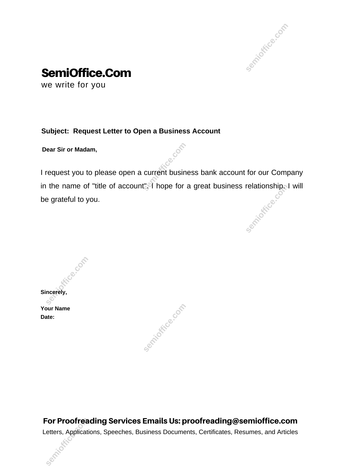 application letter for opening a company bank account
