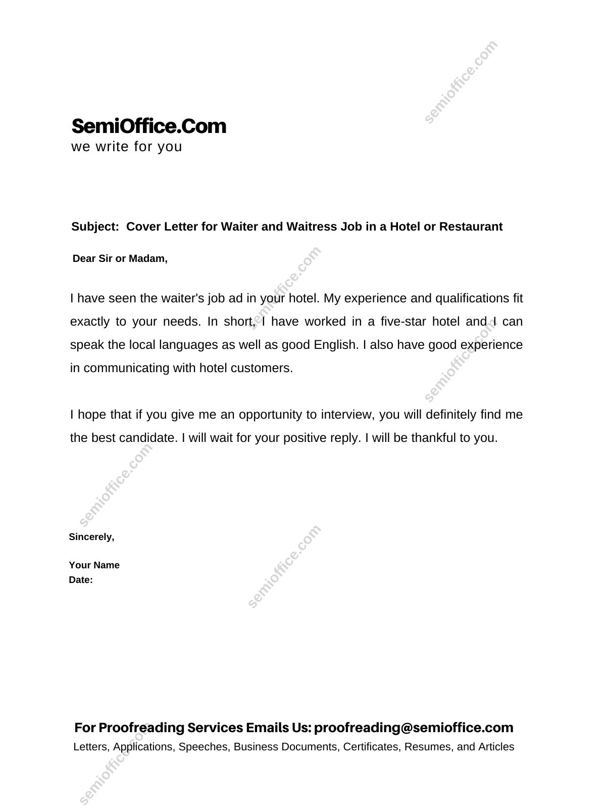 example of a cover letter for waiter
