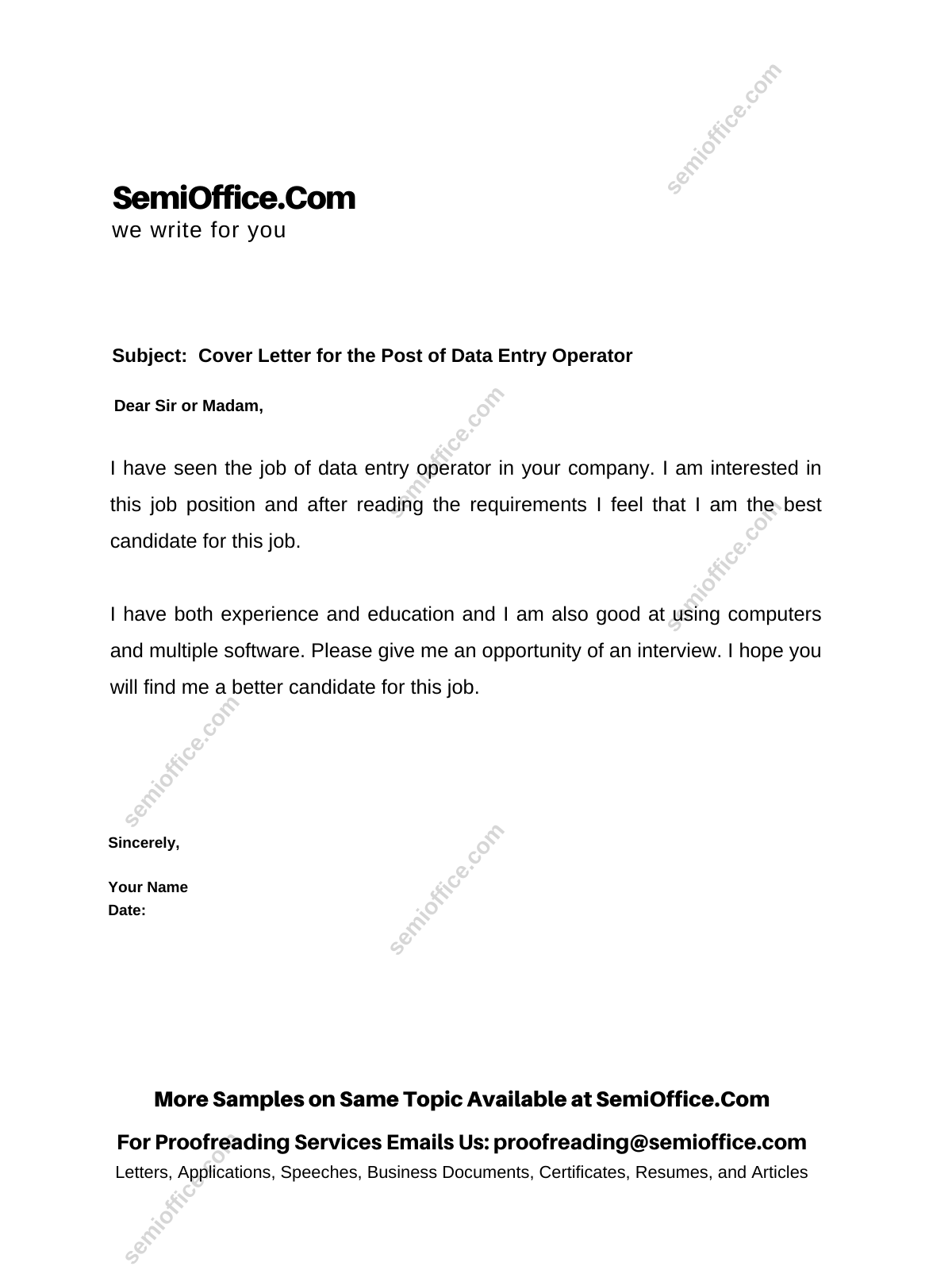 cover letter for data entry operator job