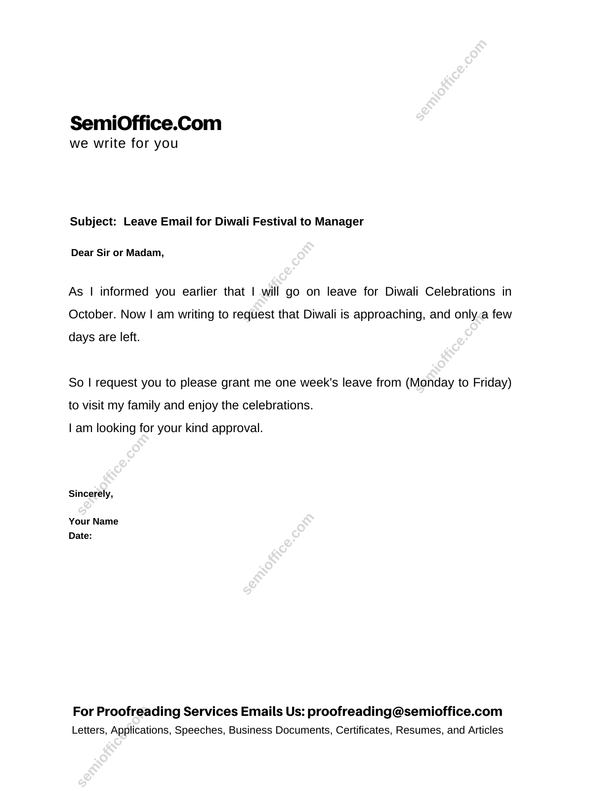 leave application letter for diwali festival