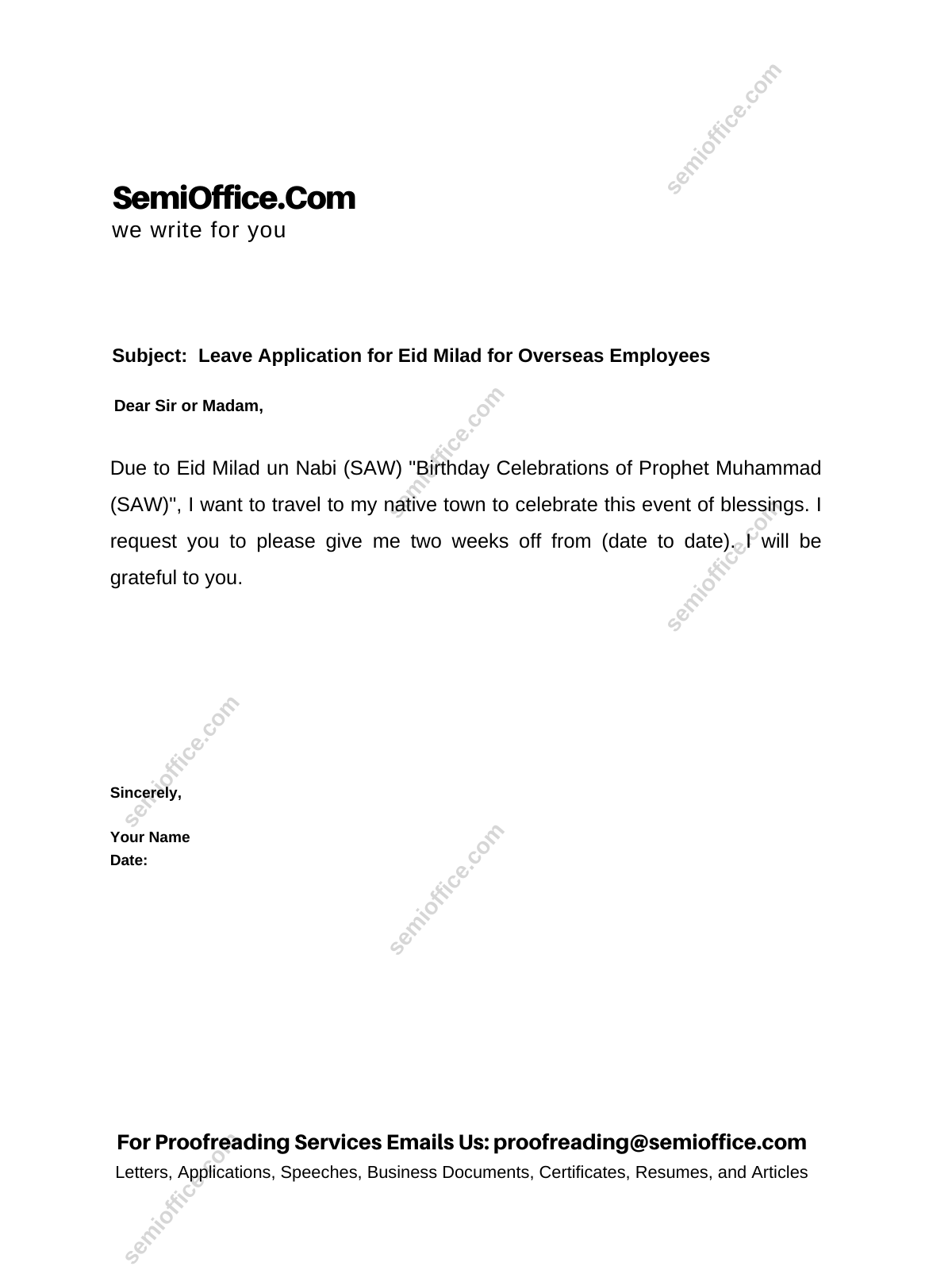 Leave Application for Eid Milad Un Nabi (SAW)