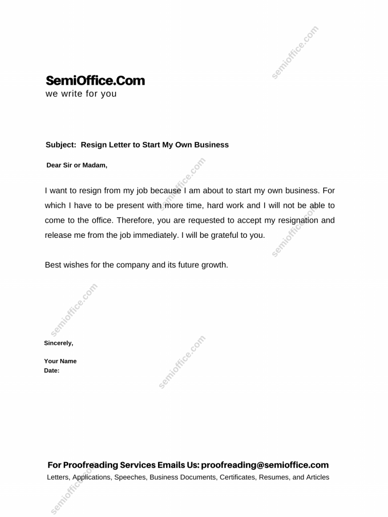 Resignation Letter For Job To Start Your Own Business