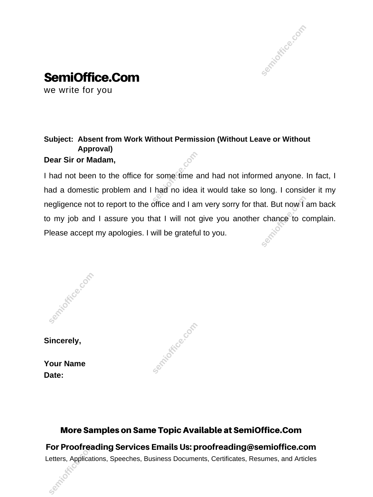 Absent From Work Explanation Letter SemiOffice Com