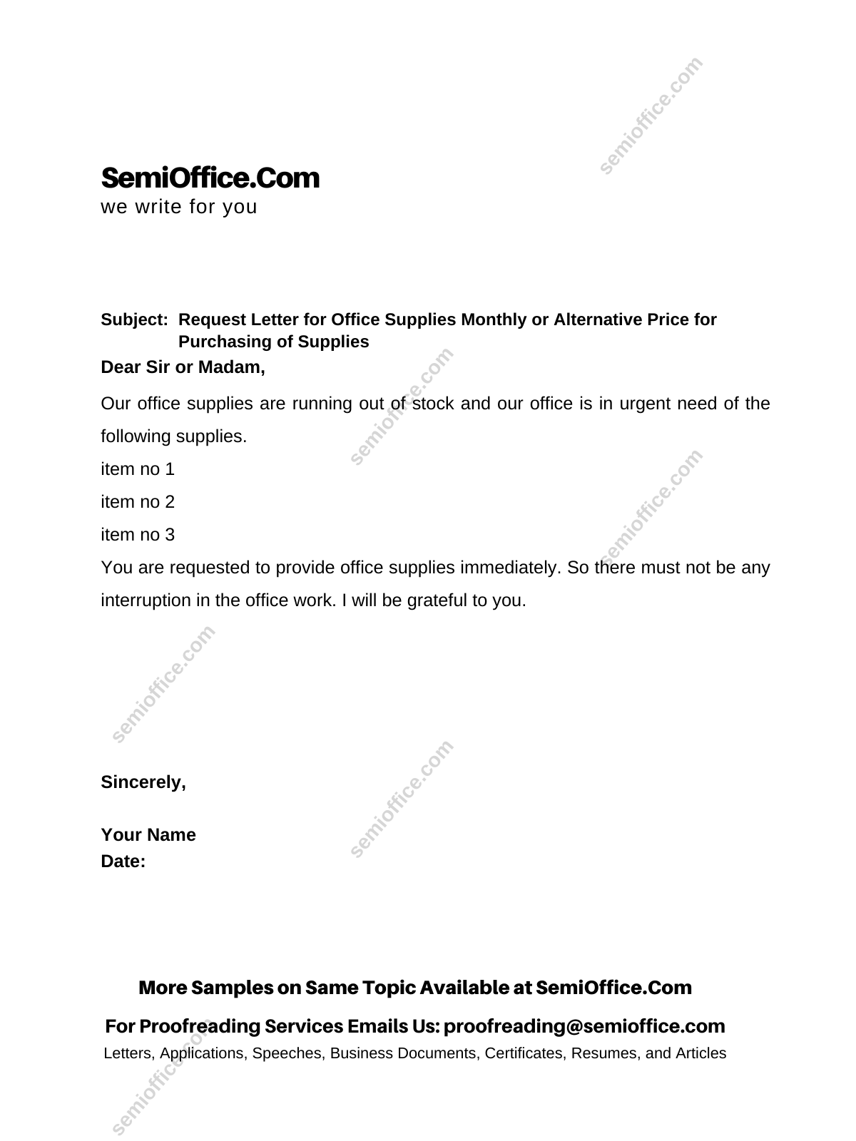 Request Letter For Office Supplies Monthly Or Alternative Price For Purchasing Of Supplies 