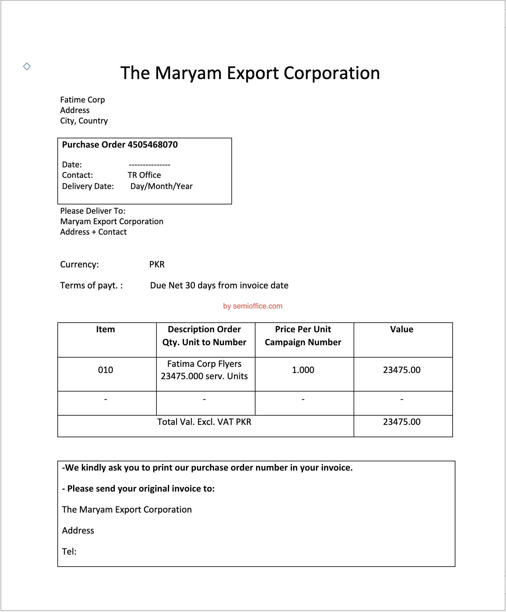 Purchase Order Format in Word Free Download | SemiOffice.Com