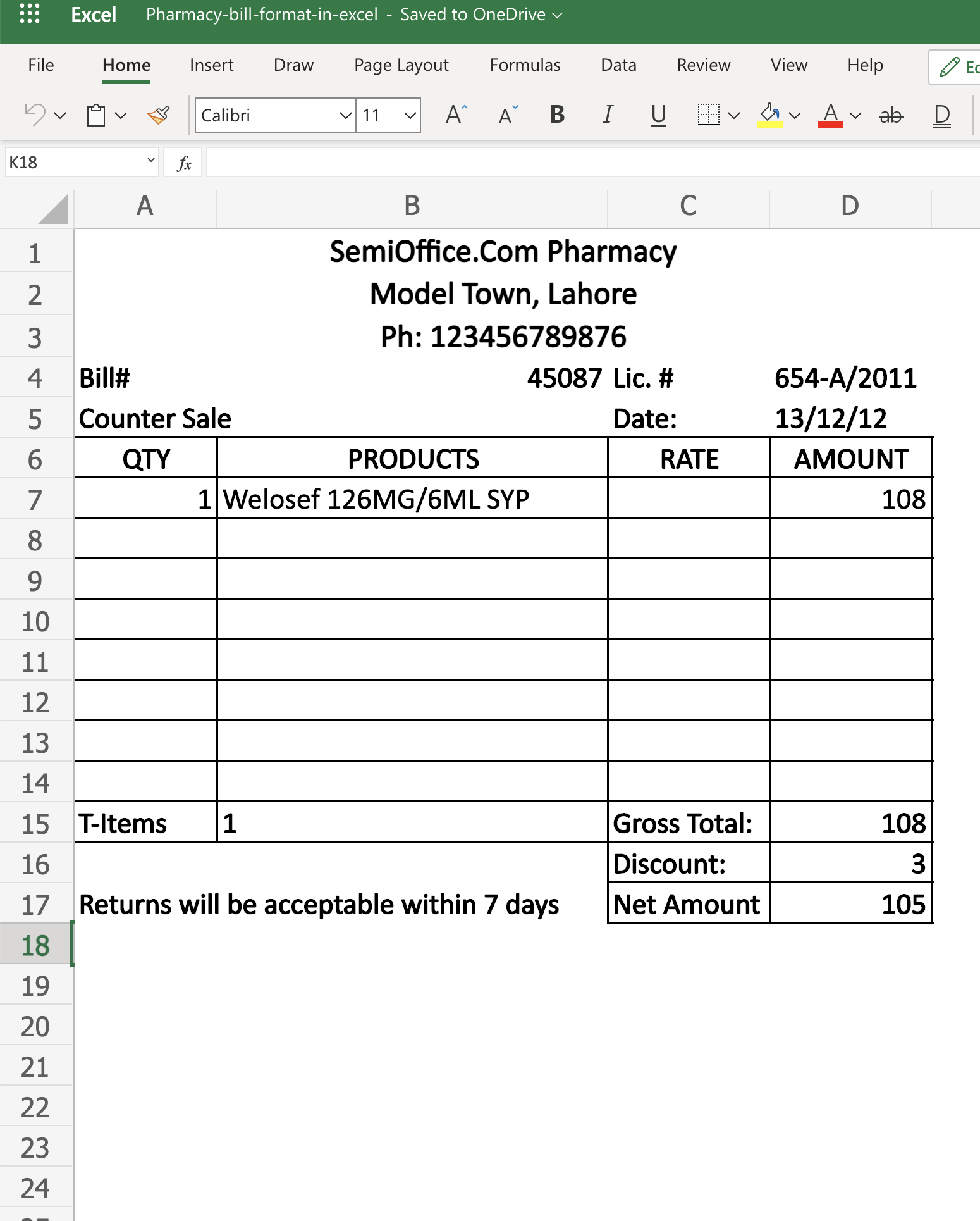Pharmacy Bill Format in Excel Free Download SemiOffice Com