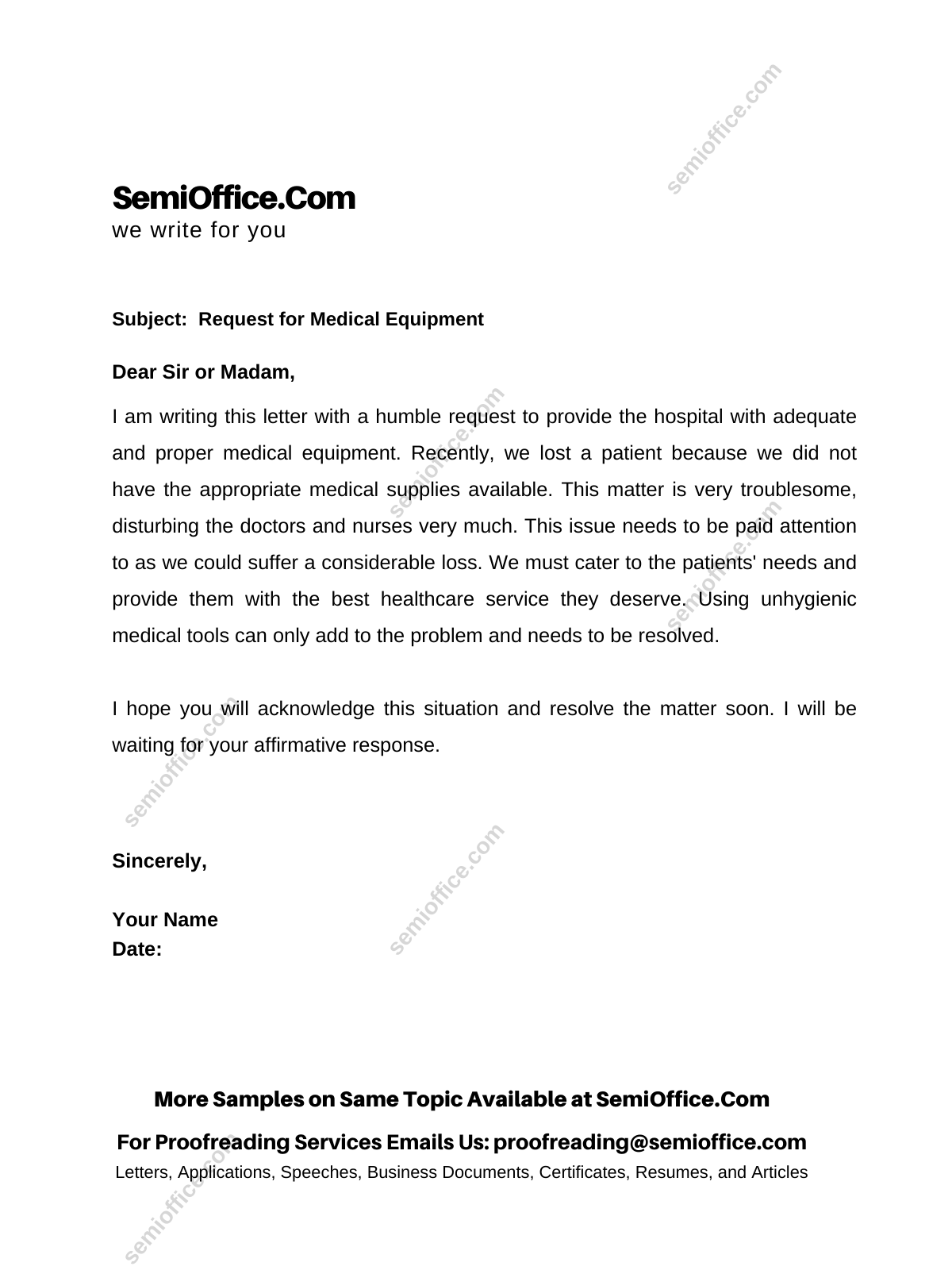 Sample Letter Of Requesting Medical Equipment SemiOffice Com