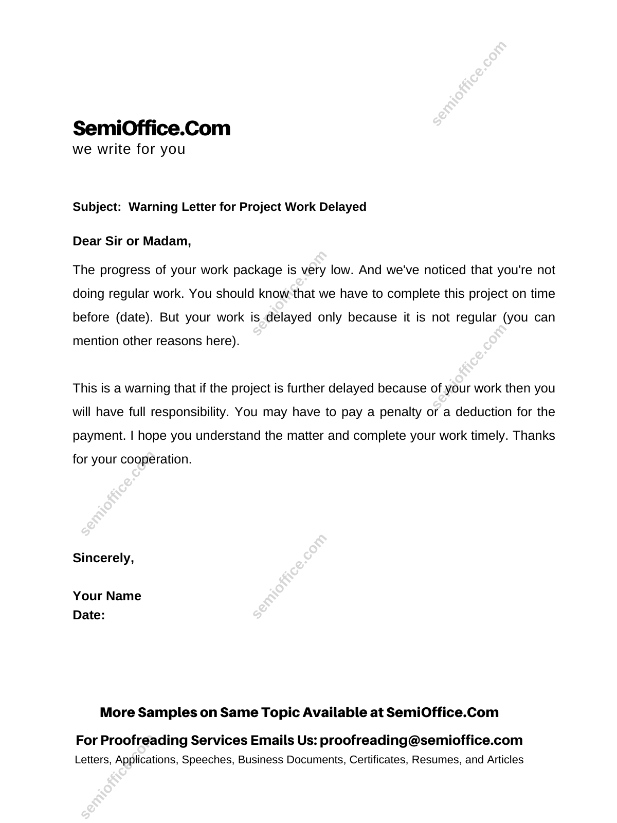 Letter To Subcontractor For Work Delay By The Contractor SemiOffice Com