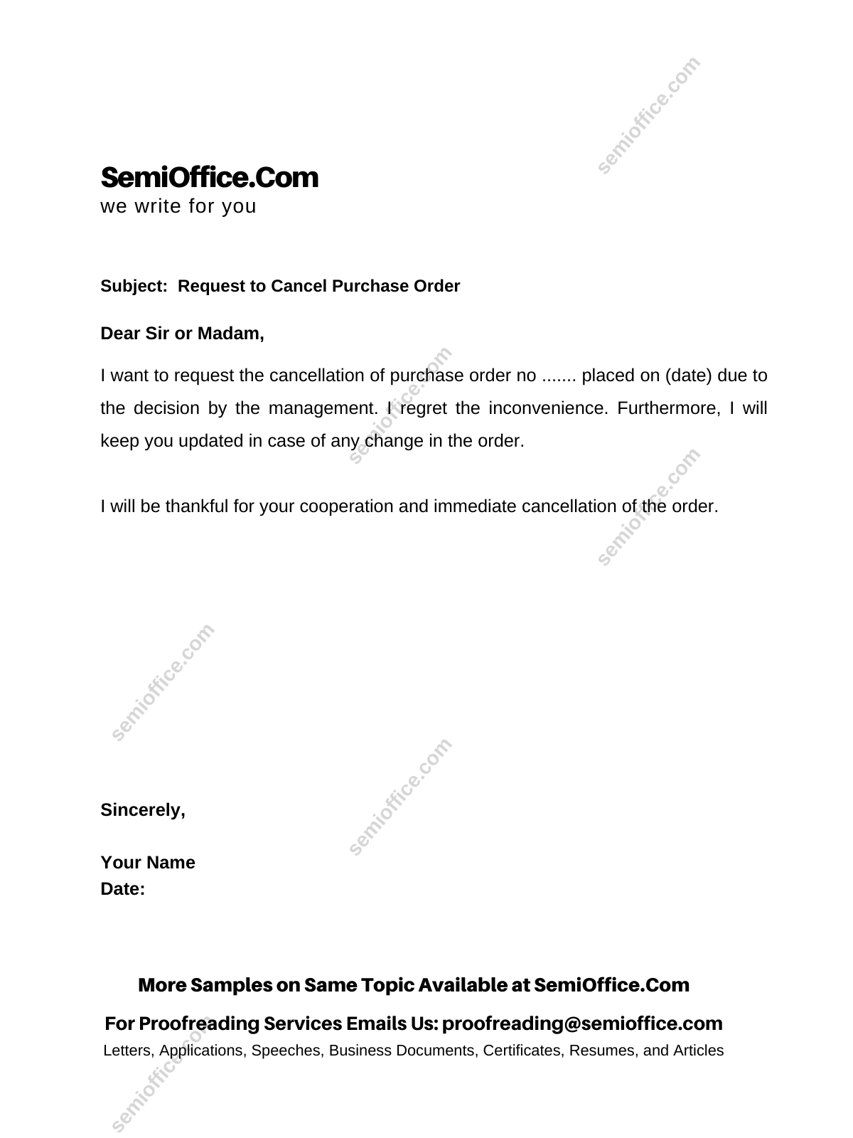 Sample Letter To Cancel Purchase Order 5518