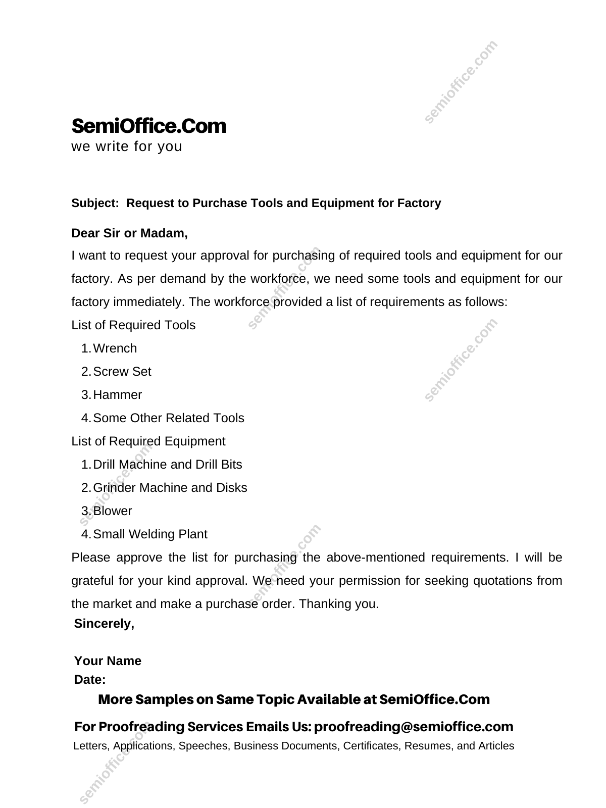 Sample Request Letter For Tools And Equipment For Factory SemiOffice Com