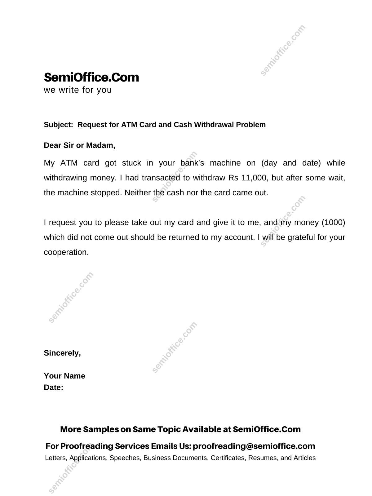 Complaint Letter To Bank About Atm Card Being Stuck In Machine And 