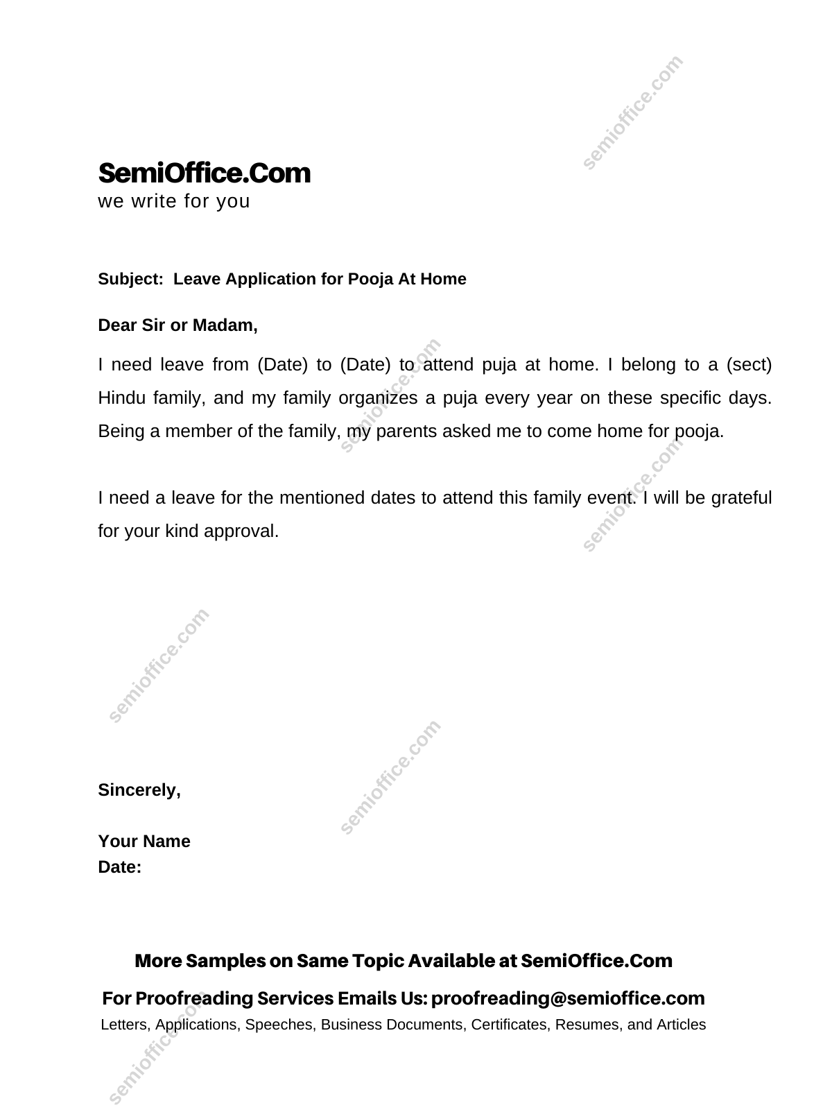 leave application letter for puja at home
