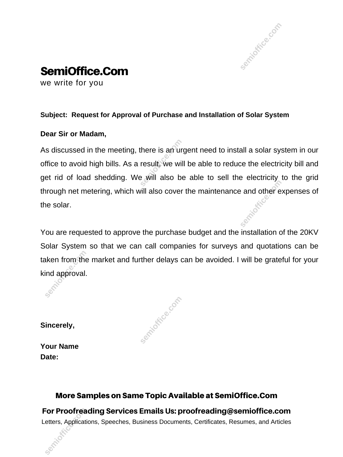 Request Letter For Purchase And Installation Of Solar System 