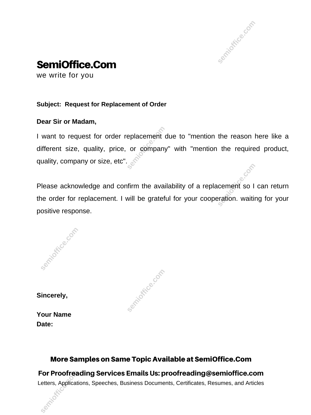 Request Letter For Replacement Of An Item SemiOffice Com