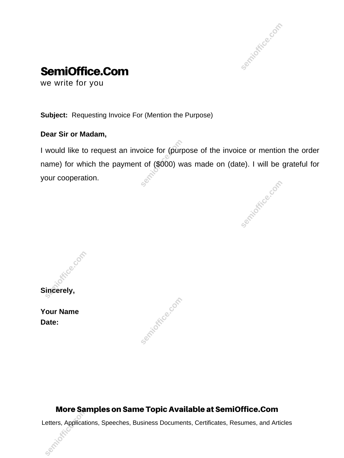 Sample Letter Requesting Invoice to Issue Payments | SemiOffice.Com